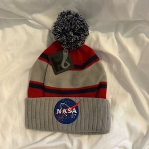 NWT NASA Embroidered Patch Logo Striped Retro Pompom Knit Cuff Beanie